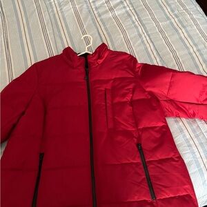 Red Puffer Jacket with Black Zippers